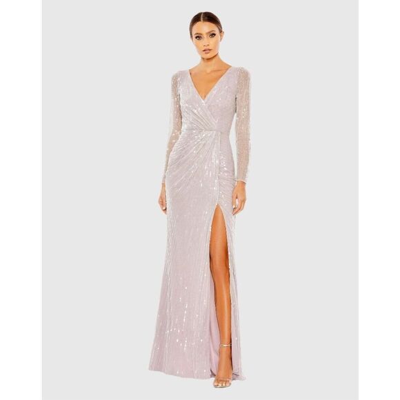 Mac Duggal Dresses & Skirts - Mac Duggal NWT Sequined Faux Wrap Long Sleeve Gown in Lavender Size 14